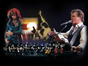 Collage of singer Neil Diamond in various eras with an orchestra performing at the bottom.