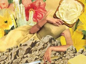 A woman in a yellow dress reclines among rocks and flowers, her face covered by buttered toast