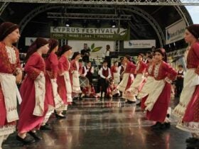 Traditional Cyprus Dancers on stage performing at the Cyprus Community Festival