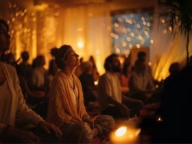 Woman sitting in a crowd, smiling, eyes closed, meditating