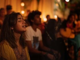 Woman sitting in a group, eyes closed, meditating