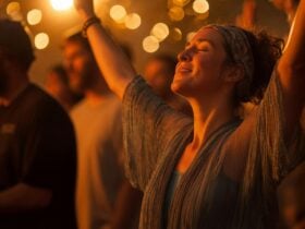 Woman with arms up, eyes closed, immersed in kirtan