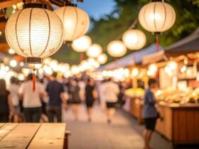 A blurred image of festival with lanterns hanging above.
