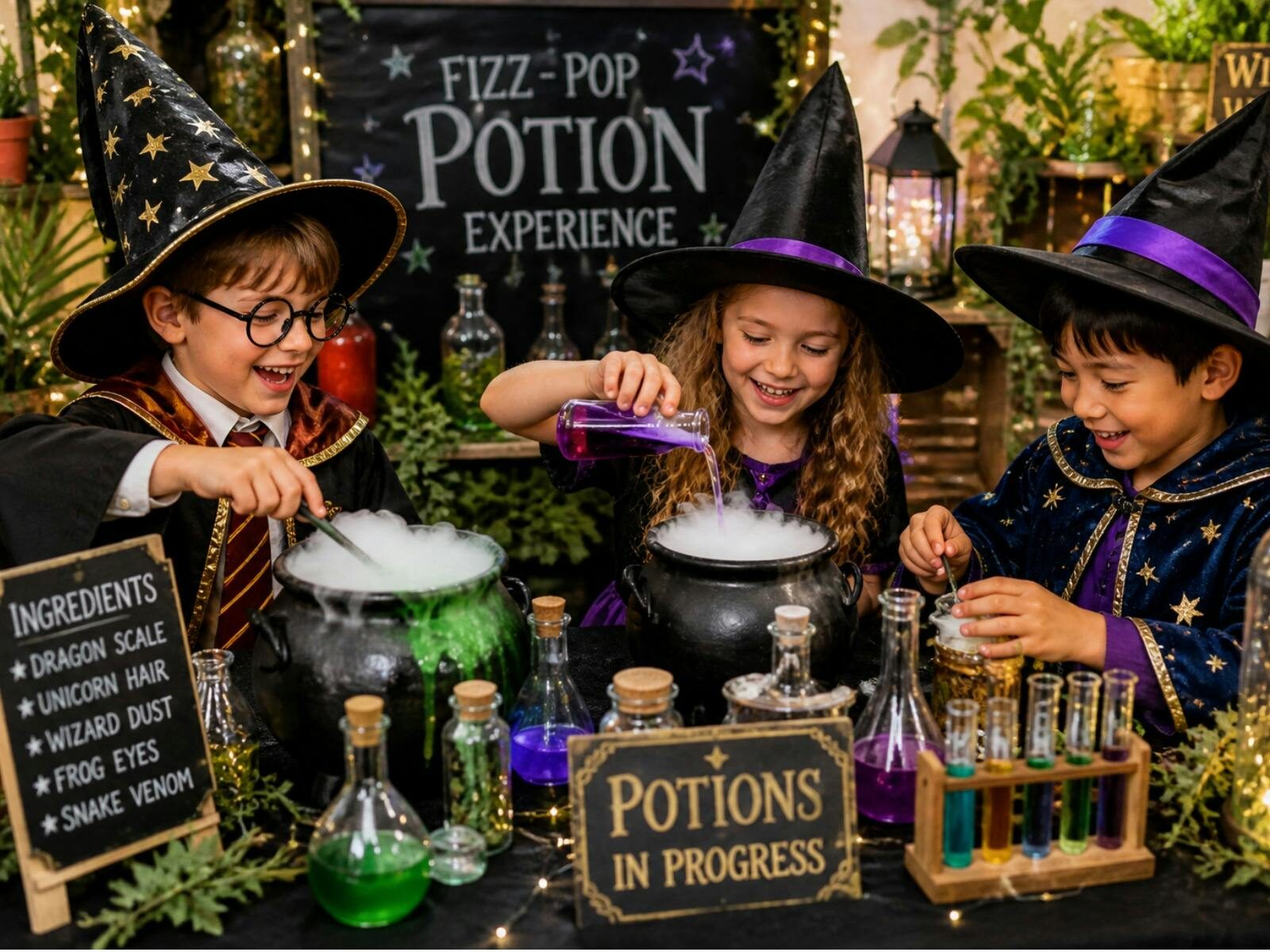 Kids making magical potions dressed as wizards