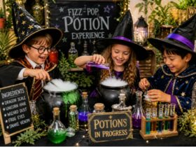 Kids making magical potions dressed as wizards