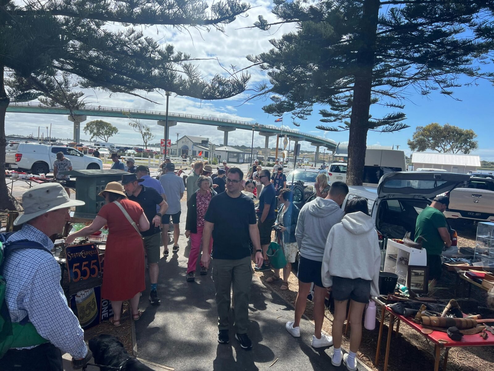 Bustling Goolwa market with fresh produce, local crafts, and lively community atmosphere.