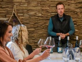 Two women with glasses of red wine talking to Rob Mack in a room with a slate wall