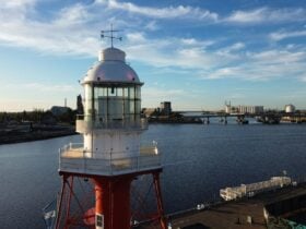 Aerial view overlooking the lighthouse and Port River