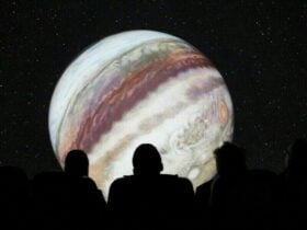 Silhouette of audience viewing a planet on screen.