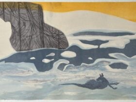 An abstract artwork on paper, featuring a kangaroo in a landscape.