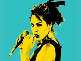 A stylized, high-contrast pop art portrait of a female singer in yellow and black