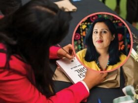 Sarah Malik's headshot with an image of her signing her memoir 'Desi Girl'