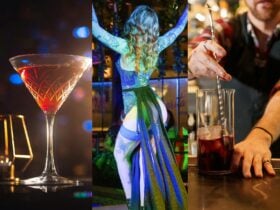 3 images side by side. Left of martini cocktail, middle of Burlesque dancer, right of bartender.