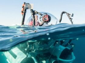 A deep sea exploration submersible floats atop the open ocean.