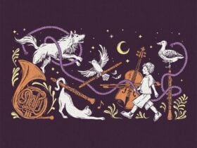 An illustration in white, yellow and orange against a purple background of instruments and animals.