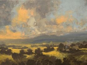 Dramatic painting of a rural andscape with trees in the foreground and expressive skies