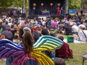 Crowd of people sitting on grass looking towards a stage with pride flags displayed.