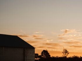 twilight golden hour with the building silhouetted