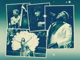 A collage of four monochrome photos showing musicians and a cabaret performer on stage.