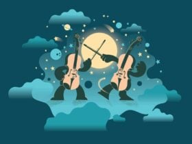 An illustration of two violins in an epic battle against a night sky
