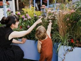 Caregiver and child pointing at flowers in flower box.