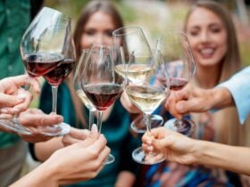 people clinking glasses with red or white wine in the glasses