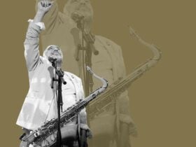 Joe Camilleri from the Black Sorrows against a dark yellow background.