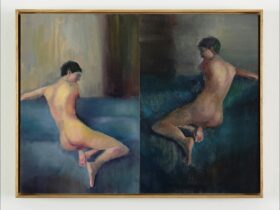Two reclining nudes, artwork by Alex Dillon