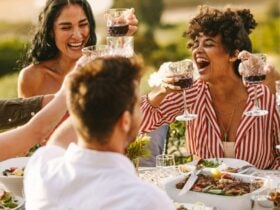 A group of people saying cheers