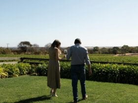 a couple enjoying a glass of wine on the lawn