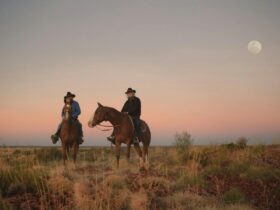Two aboriginal men on horseback under a purple sky with a full moon.