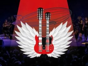 Graphic of a red double-neck guitar with white wings over a concert photo with a zeppelin outline