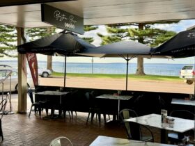 View from inside diner to outdoor seating