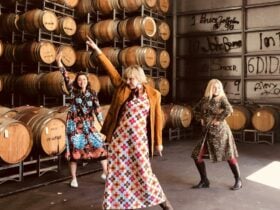 three women in 1970's dresses dance among barrels of wine