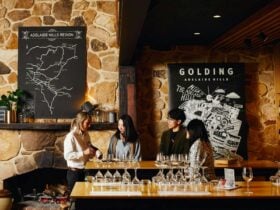 Wine is being offered to guests in the rustic stone Golding Wines cellar door, Adelaide Hills.