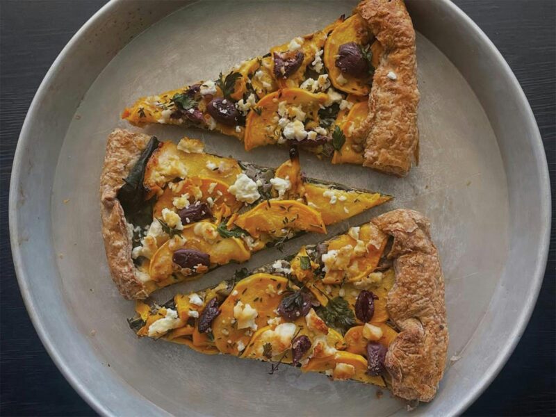 Pumpkin, olive, silverbeet, feta tart