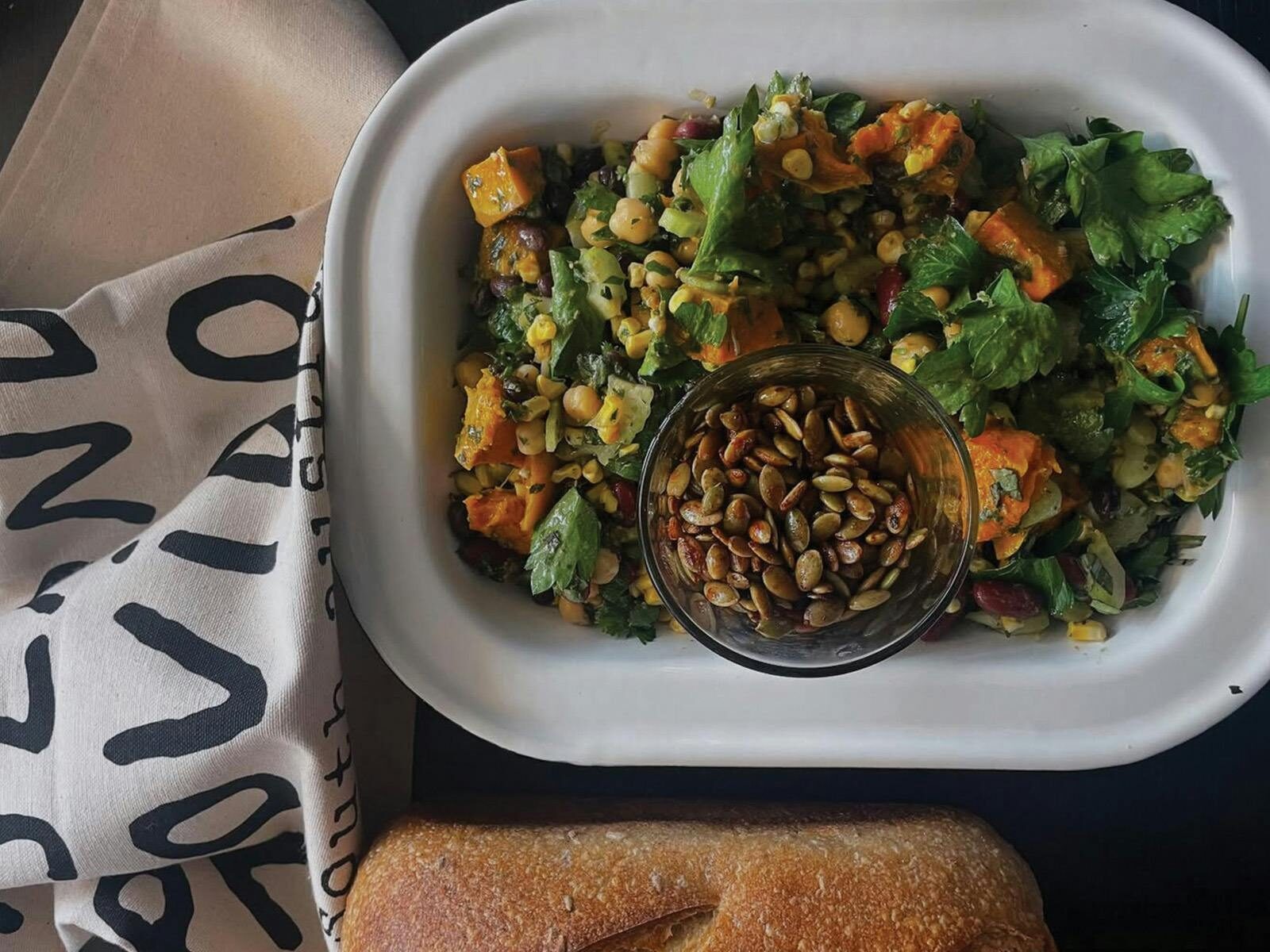 Roast pumpkin, roasted corn, chickpea, black bean, celery salad