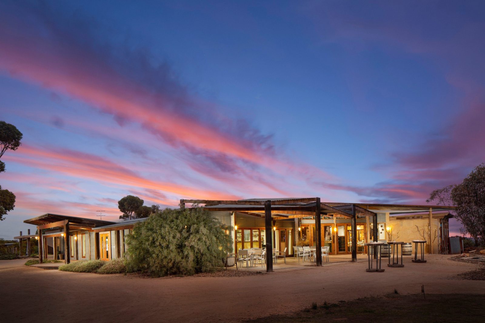 Riverland Wine Centre exterior shot, night sky