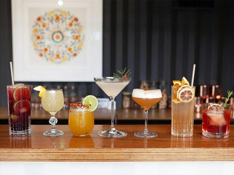 Line up of cocktails on a bar