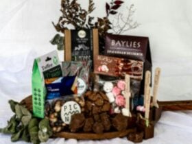 Selection of chocolate and sweet treats from the Fleurieu. Toffee almonds, Hot chocolate, cookies.