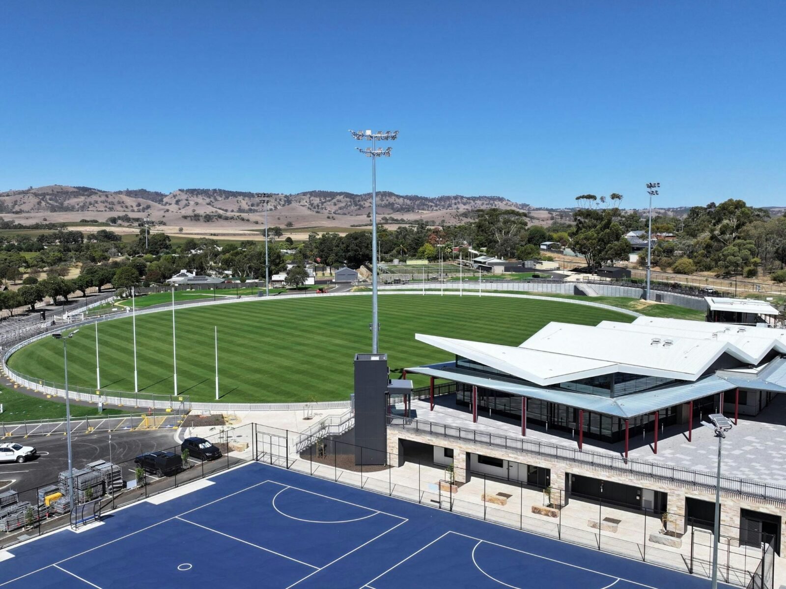 Ariel view across Barossa Park including clubroom, main oval and courts