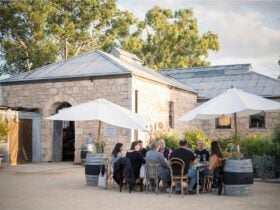 Seated wine tasting outside at Bellwether Wines