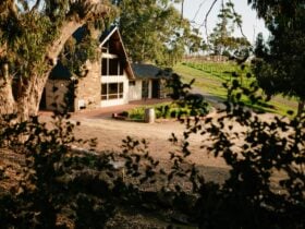 Chapel Hill Guest House, its peaked wall of windows reflecting the sunset and vineyards McLaren Vale