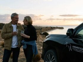 couple enjoying sunset drinks on a clifftop, Lexus tour vehicle, ocean views
