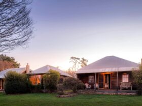 3 farm cottages in a row at sunset