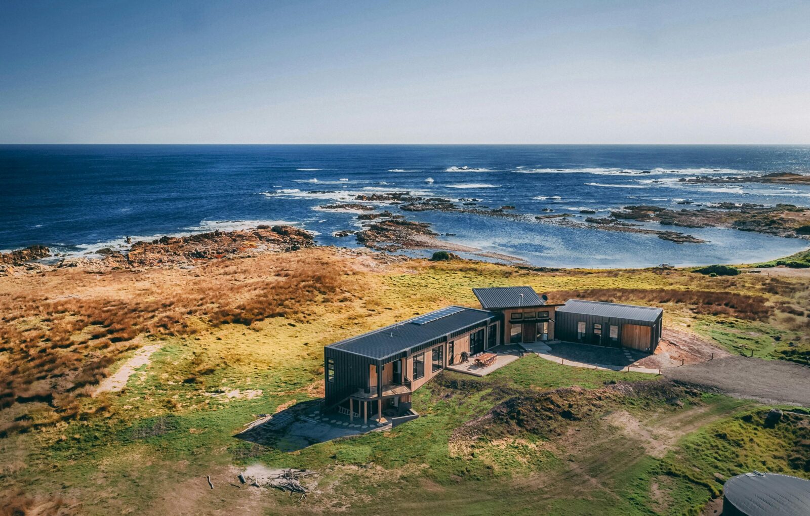 An aerial view of Netherby Rocks King Island. Looking over the Indian Ocean.