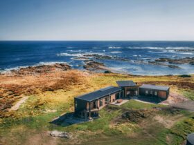 An aerial view of Netherby Rocks King Island. Looking over the Indian Ocean.