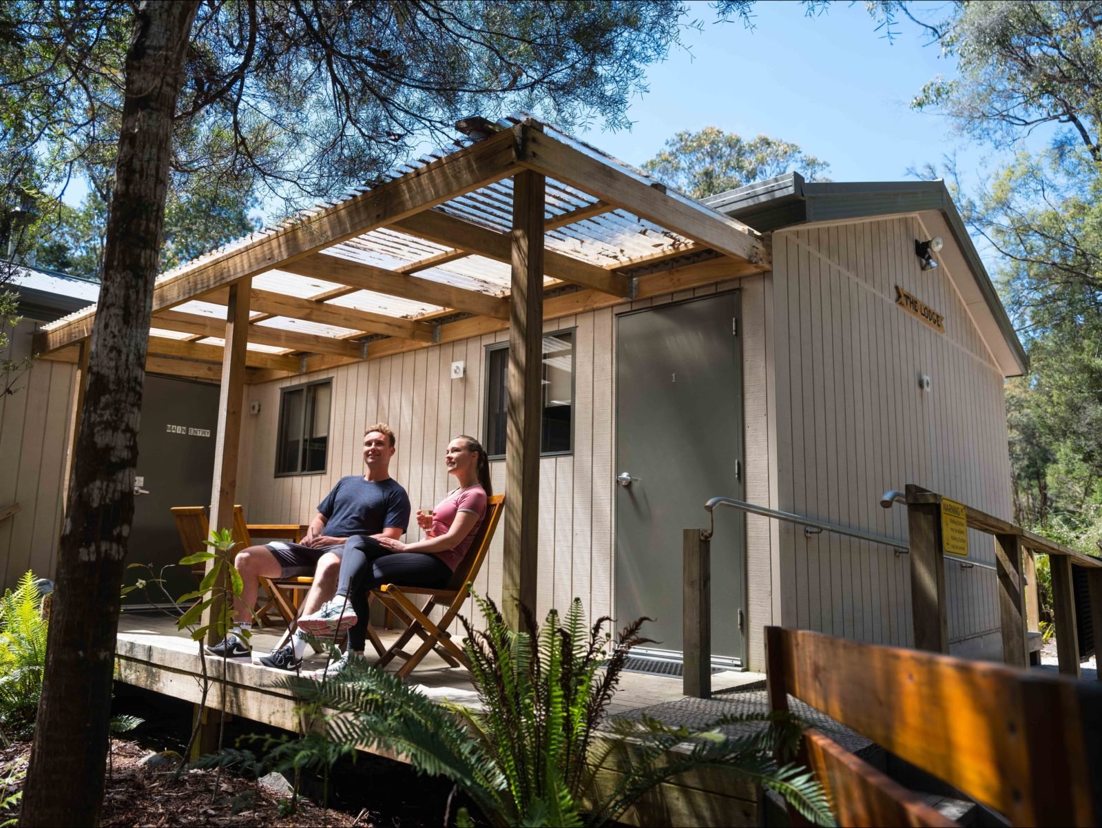 Tahune Adventures Lodge deck sitting area, enjoy the fresh air of the Southern Tasmanian Forest.