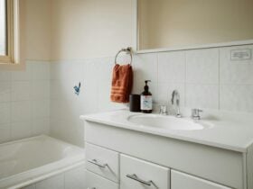 The bathroom includes a bathtub and shower. The toilet is located separately next to the bathroom