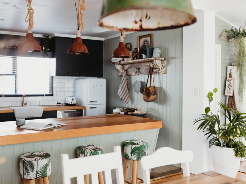 open plan kitchen, dining & living area, Greenery, soft colours with vintage details.